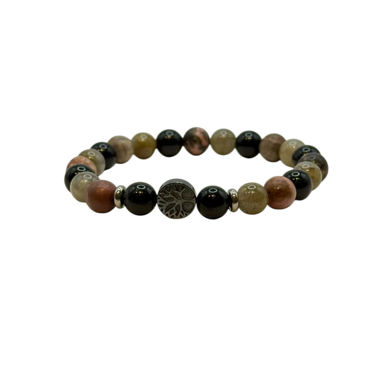 Bracelet "Rédemption" en Obsidienne, Rhodonite et Labradorite Perles Rondes