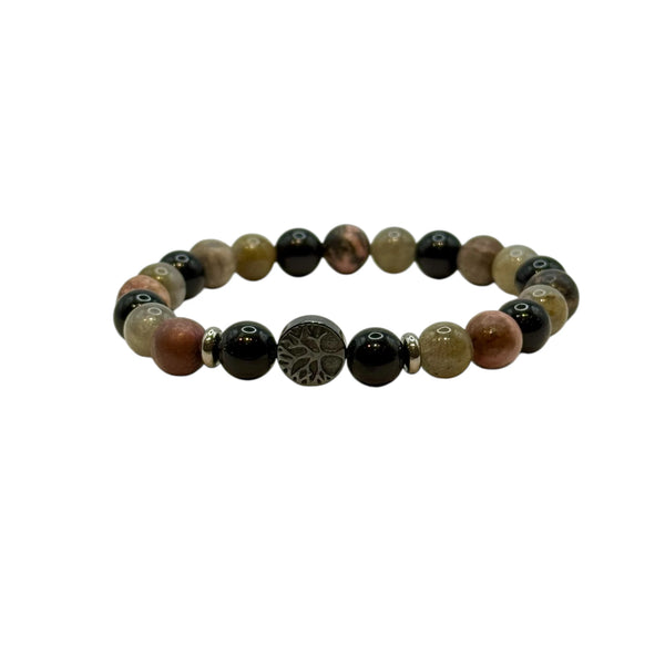 Bracelet "Rédemption" en Obsidienne, Rhodonite et Labradorite Perles Rondes