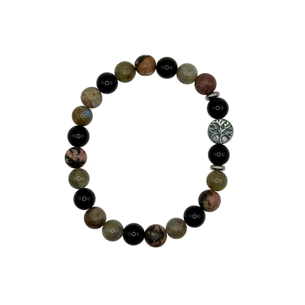 Bracelet "Rédemption" en Obsidienne, Rhodonite et Labradorite Perles Rondes